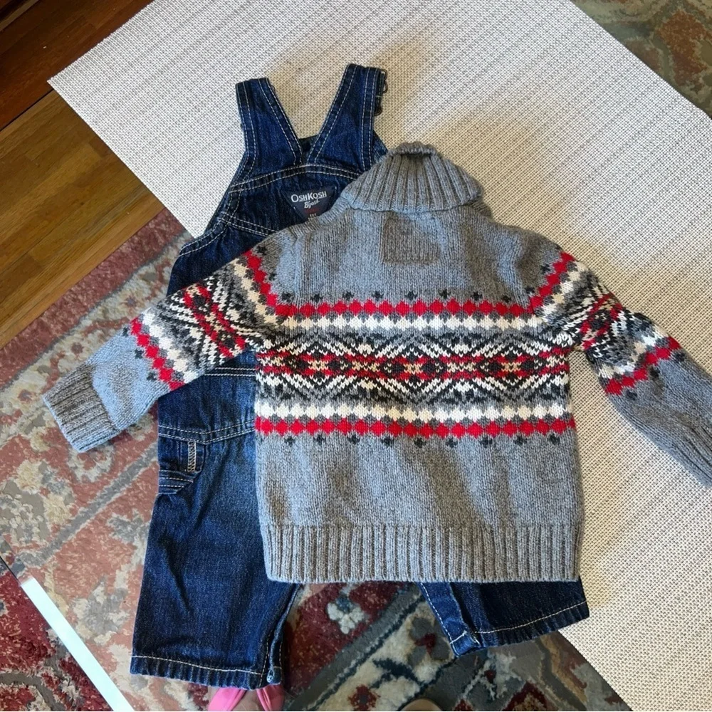 Oshkosh Embroidered Overalls size 6-9months, sweater 12 M.